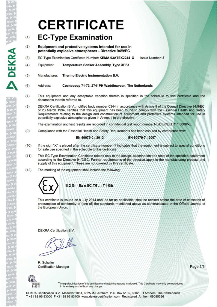 EC-Type examination certificate KEMA 03ATEX2244 X ISSUE 3
