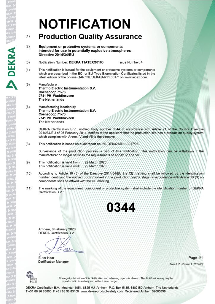 Production quality assurance notification DEKRA 11ATEXQ0103